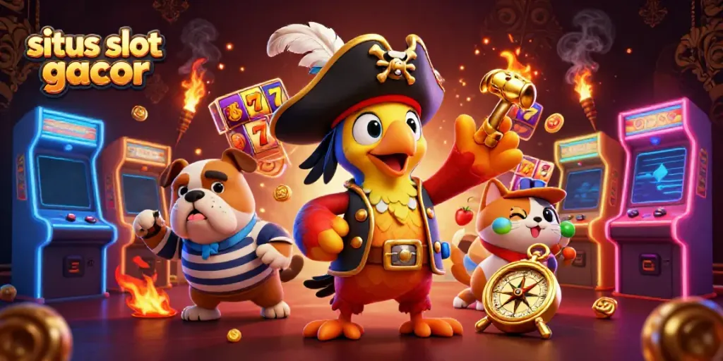 Situs slot gacor scene featuring a pirate captain and friends surrounded by vibrant slot reels and arcade elements.