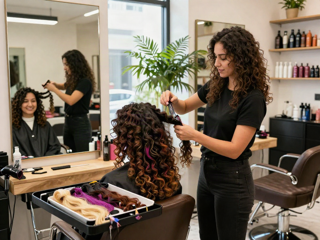 Stylist applying curly hair extensions in a modern salon setting