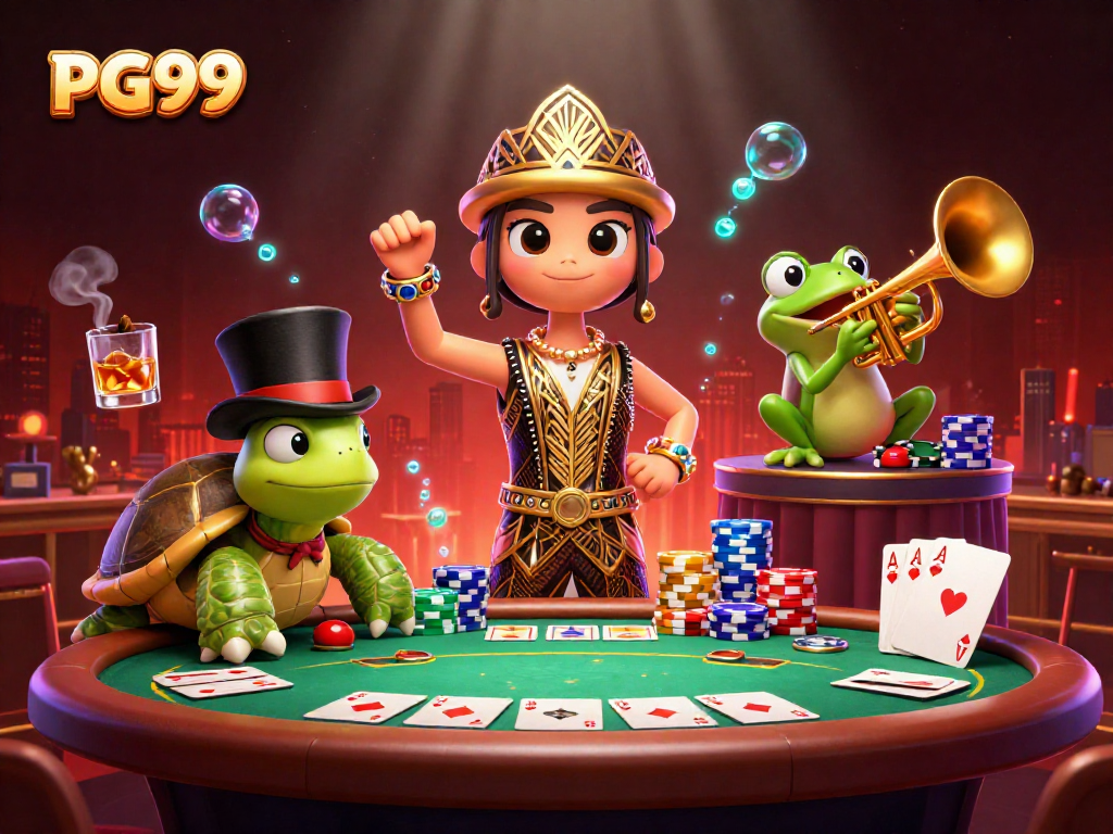 Play card games with PG99's vibrant casino characters featuring a fun 3D scene.