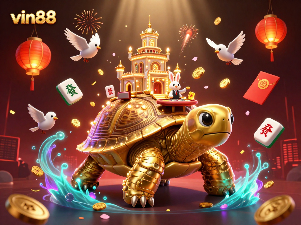 Experience interactive fun with vin88, featuring a giant tortoise casino illuminated by flying golden coins.