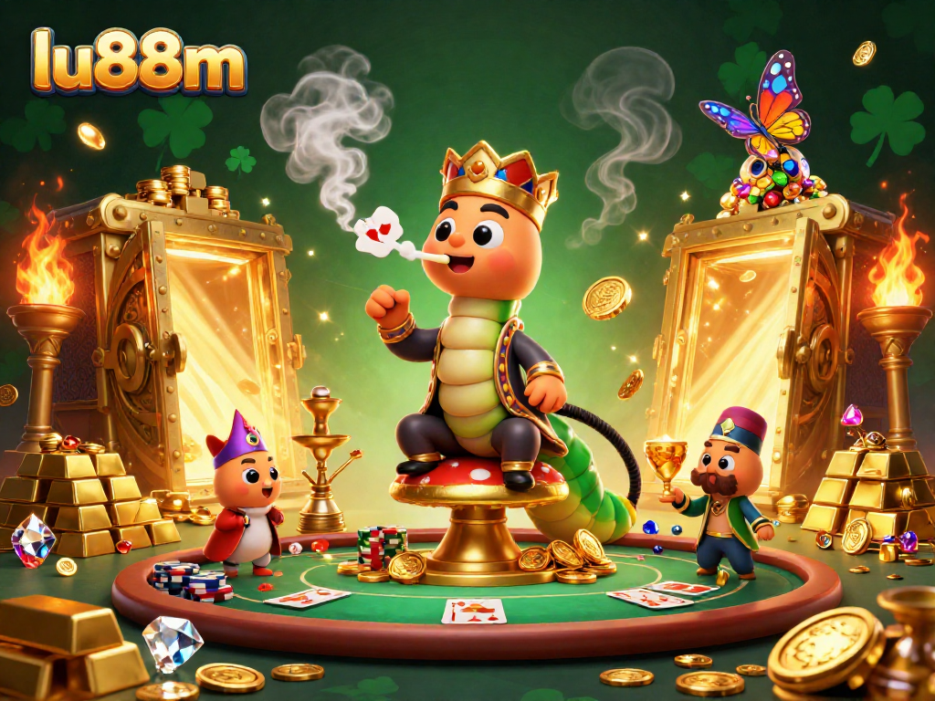 Capture thrilling poker action with lu88m's vibrant 3D casino illustration featuring a lavish caterpillar master.