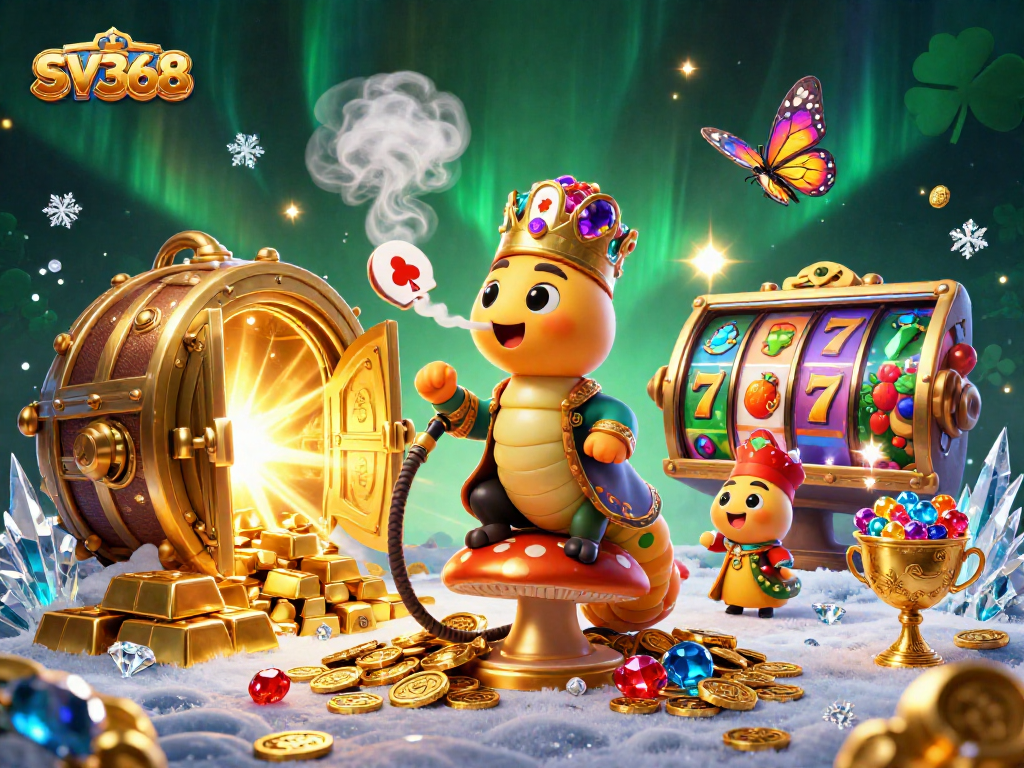 Spin and win at SV368 with dynamic casino fun featuring a colorful caterpillar and slot reels.