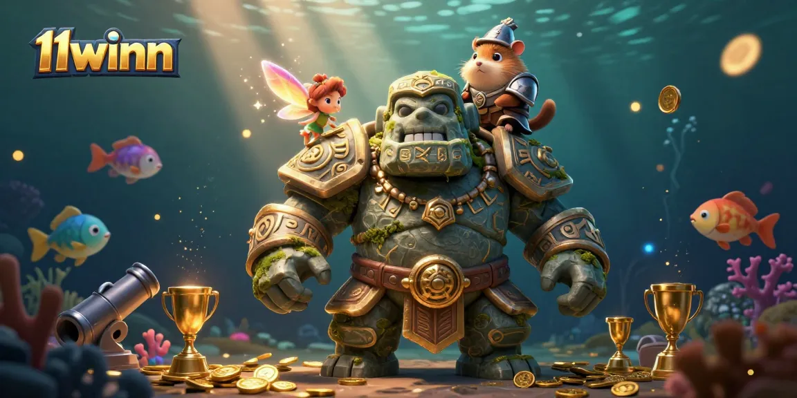 Engage with the exciting fish shooting game adventure at 11winn, featuring a golem guardian and magical elements.