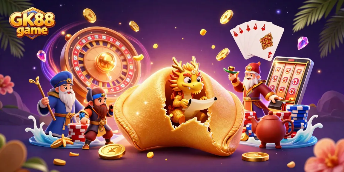 Experience the GK88 game with vibrant scenes of fortune and excitement in this digital artwork.