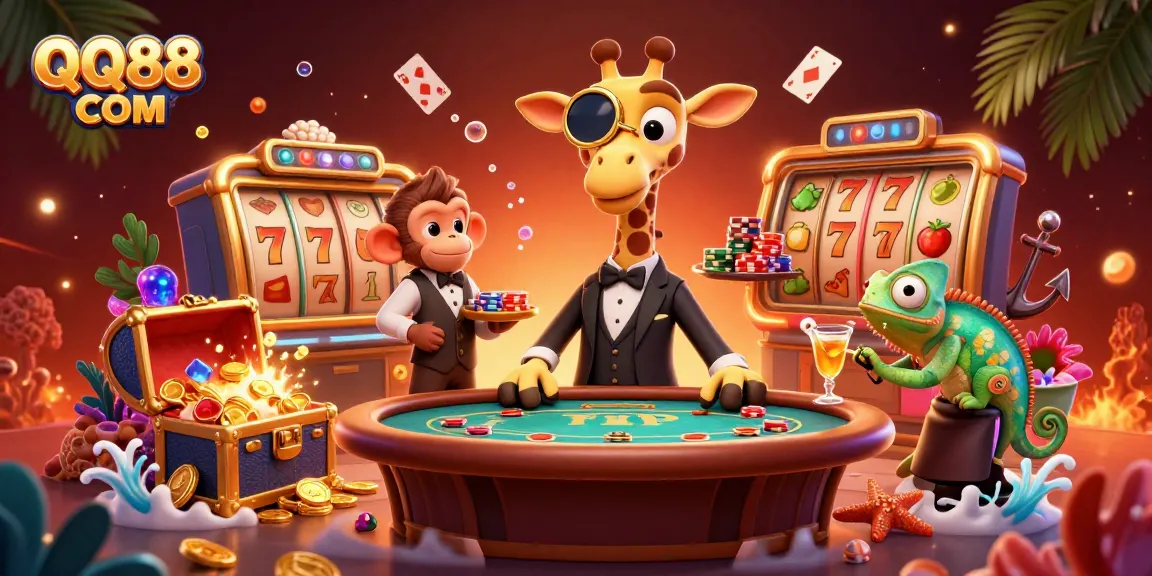 Experience thrilling jackpots with QQ88 COM featuring a high-roller giraffe and vibrant casino elements.