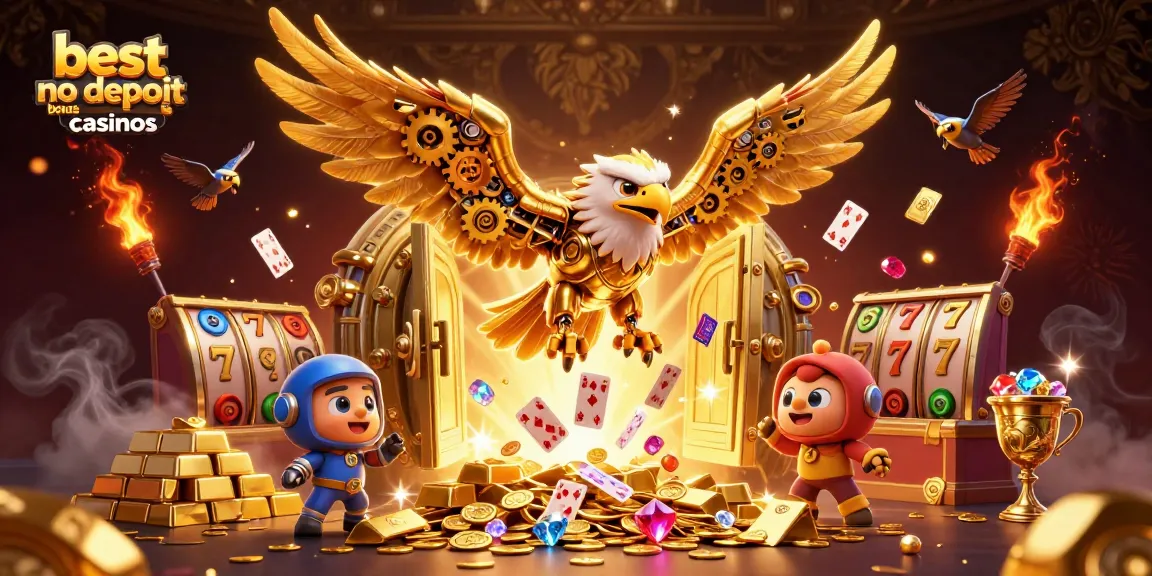Experience the thrill at the best no deposit bonus casinos with golden eagles diving amidst vibrant gaming elements.