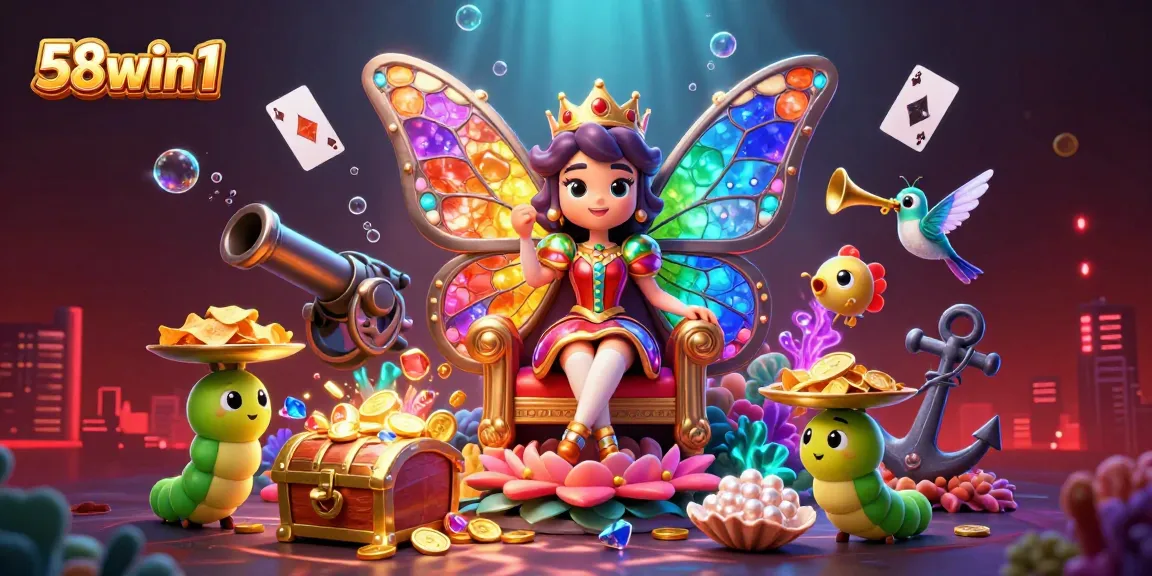 Engage with 58win1's vibrant online casino world, featuring a whimsical butterfly queen and immersive gaming elements.