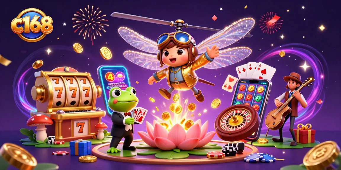 C168 offers a vibrant casino experience with a dragonfly pilot and frog croupier in action.
