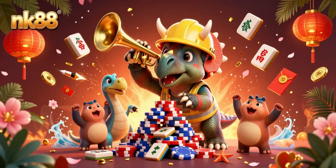 Engage in dynamic gaming at nk88 with happy dinosaurs and casino elements celebrating a jackpot.