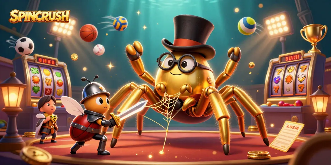 Engage in SPINCRUSH as a golden tarantula spins luck on casino elements with vibrant gameplay.
