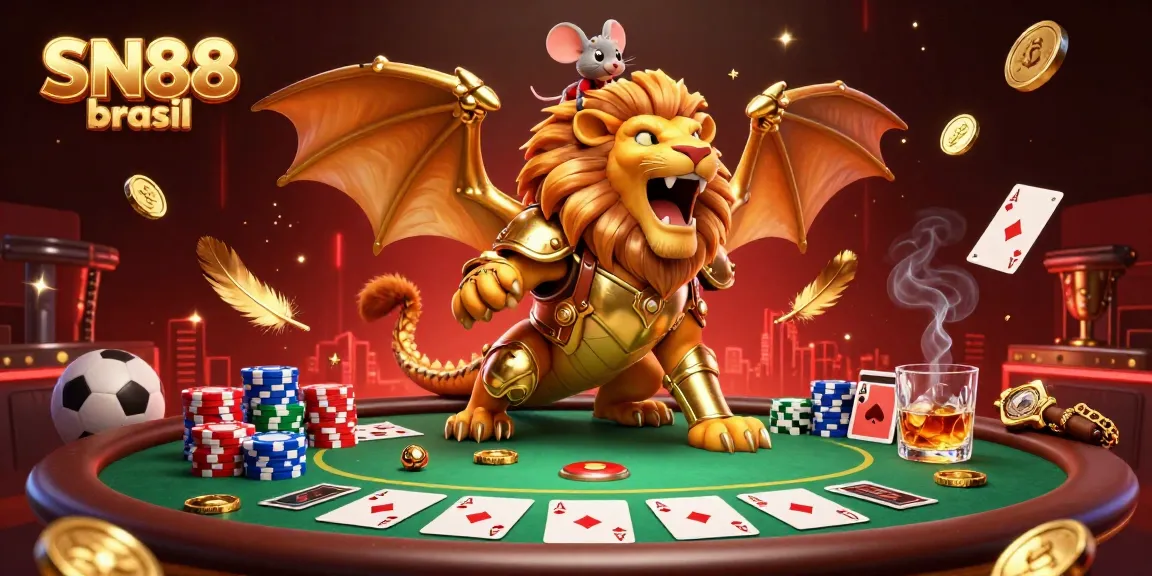 Bet on SN88 brasil showcasing a golden chimera and poker elements in an engaging gambling scene.