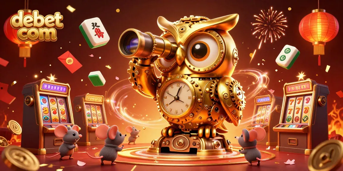 Experience the lively scene at debet com with a golden owl overseeing bustling casino activities.