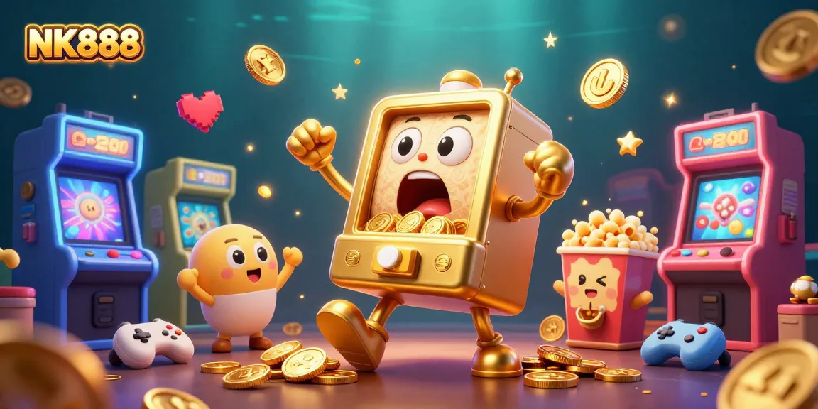 Excited NK888 golden slot machine jackpot scene with coins, cheering smaller machines, and gaming elements.