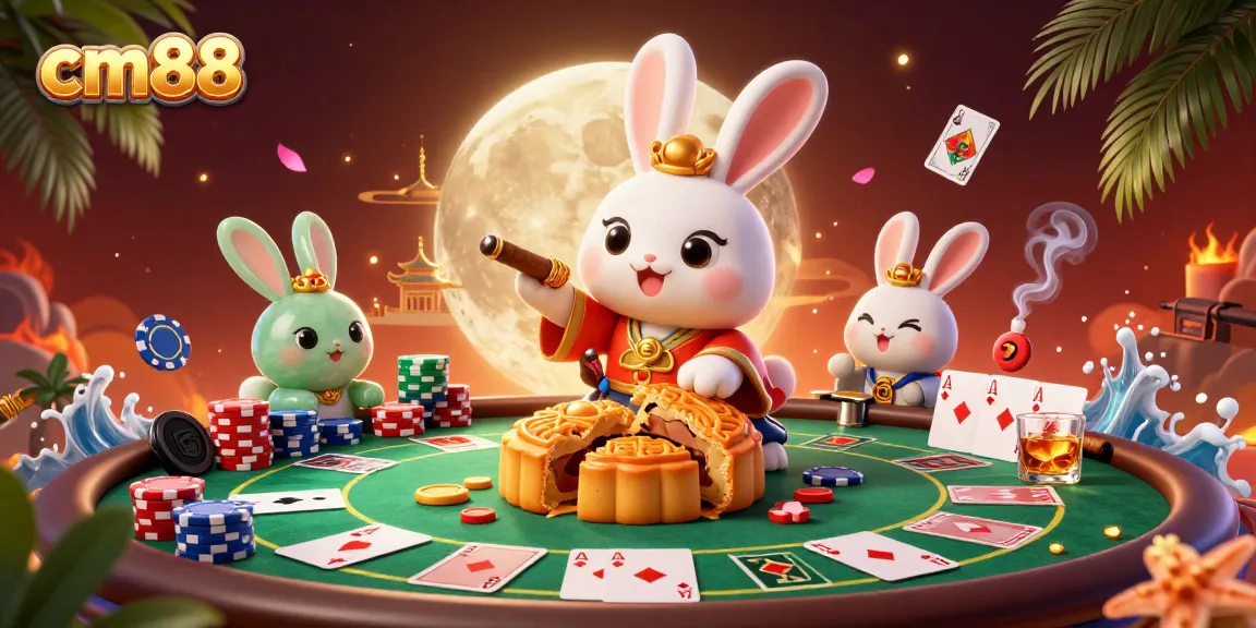 Explore the exciting gameplay of cm88 featuring poker chips revealed by a moon rabbit on the lunar surface.