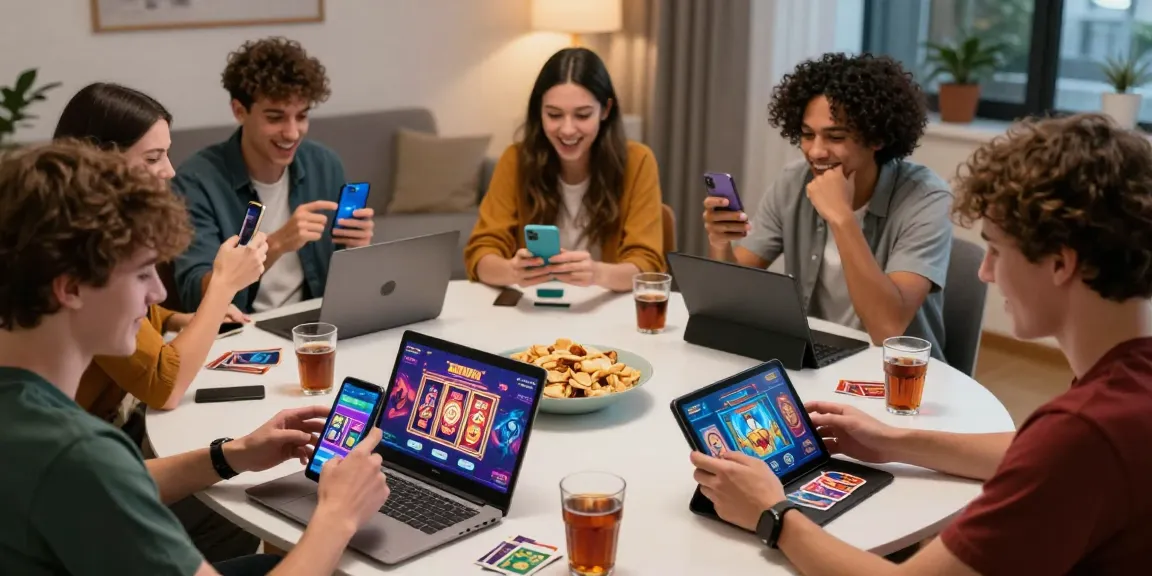 Sunwin gaming experience featuring players on mobile devices in a lively and cozy environment.