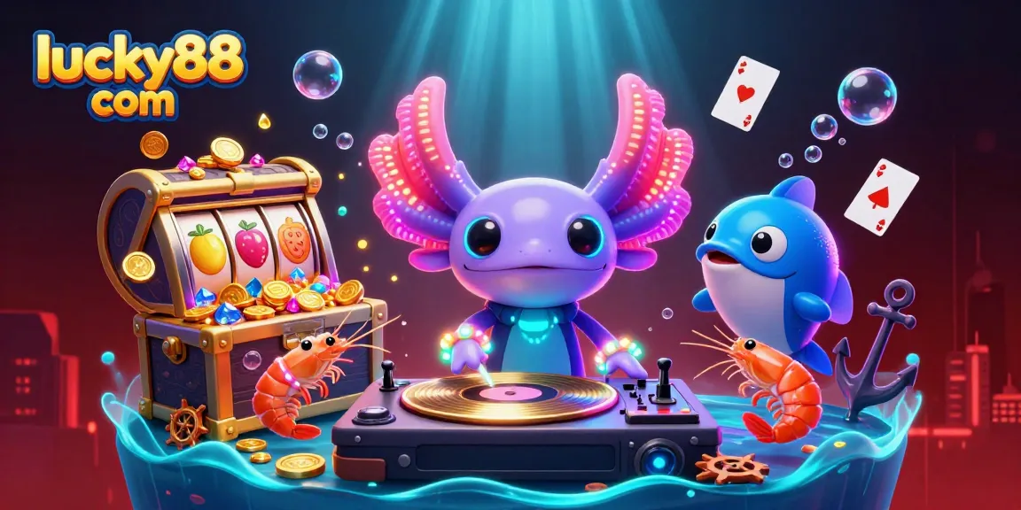 Experience the thrilling vibe of lucky88 com with a neon underwater casino party featuring dynamic characters.
