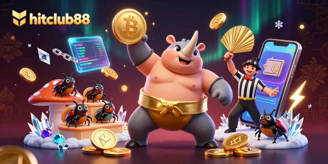 Experience excitement with hitclub88 as the rhinoceros beetle champion stomps coins in a vibrant casino.