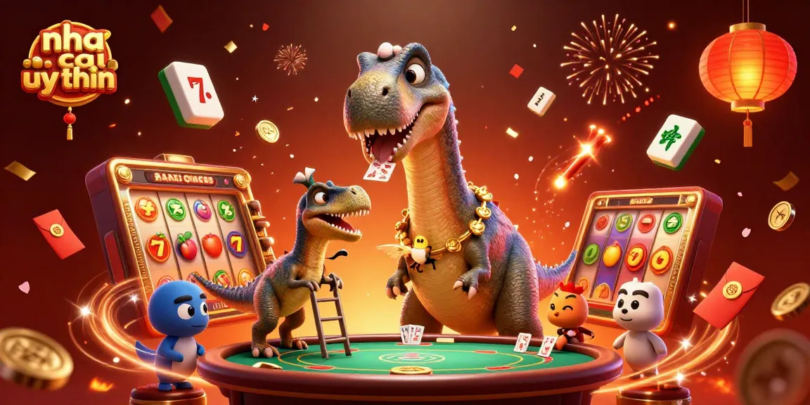 This dynamic scene showcases the vibrant world of nha cai uy tin with a towering brontosaurus at a poker table surrounded by slot elements and festive decorations.