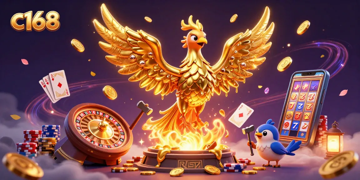 Win big at c168 with golden phoenix and casino games surrounded by coins and cards!
