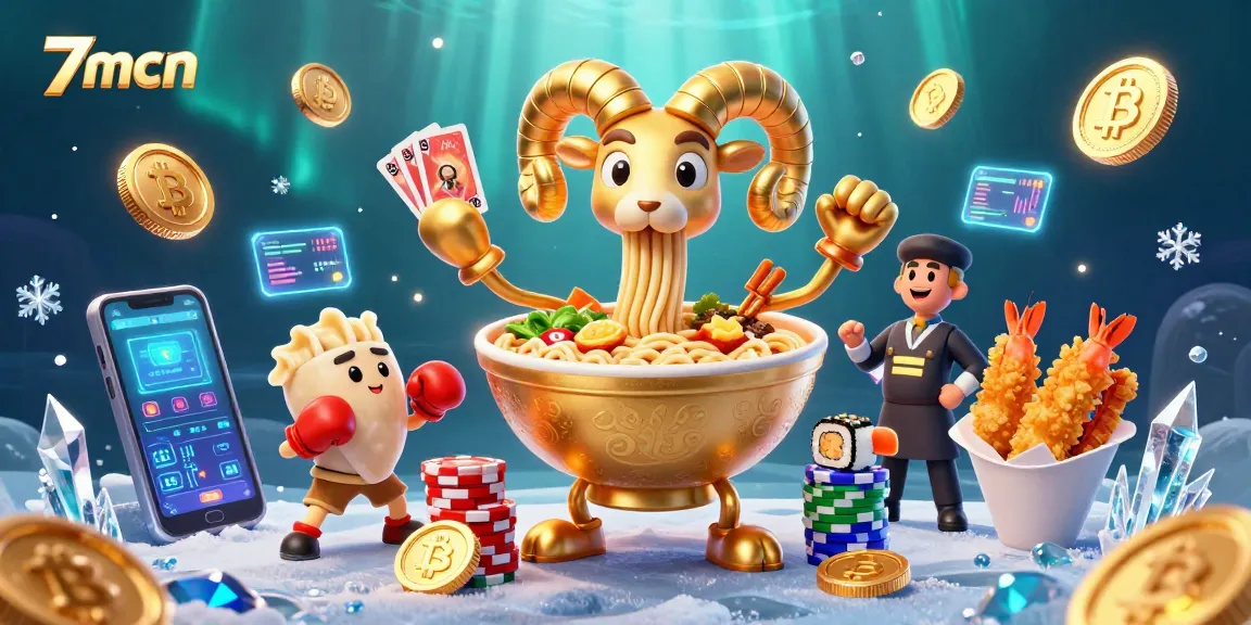 Engage with thrilling casino fun featuring 7mcn's cartoon ramen bowl dealer, vibrant crypto elements, and dynamic action.