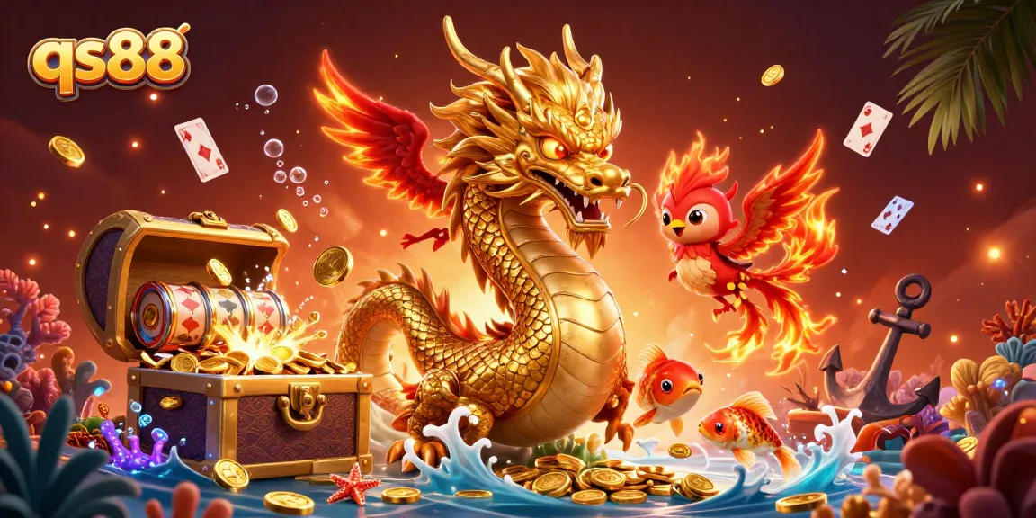 Experience thrilling gameplay at qs88 with a fierce dragon and golden koi surrounded by captivating casino elements.
