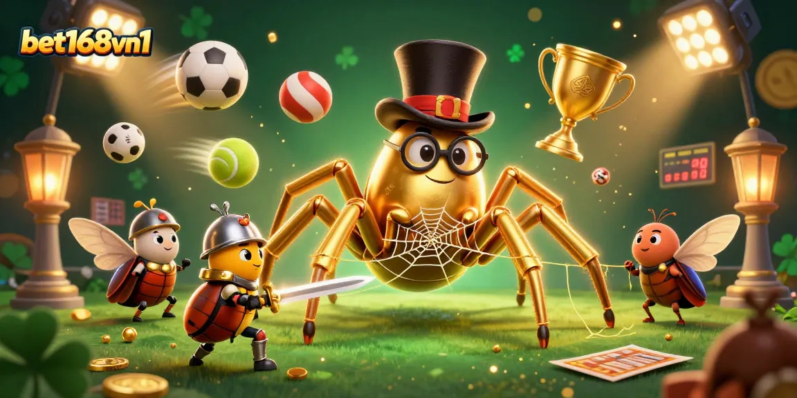 Experience excitement at bet168vn1 with a vivid 3D casino scene featuring characters and dynamic sports elements.
