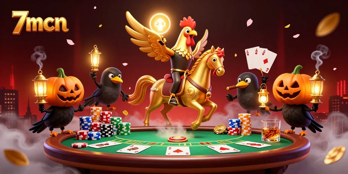 Engage with the thrilling 7mcn poker night, featuring a golden rooster and spectral horse in a vibrant casino scene.