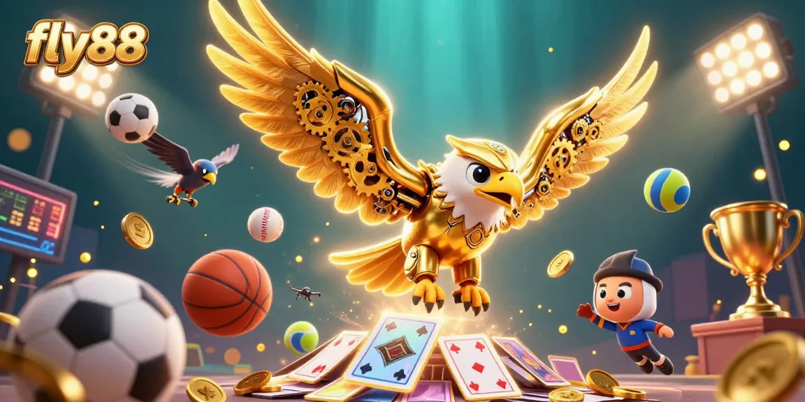 Experience fly88’s thrilling gaming adventure with golden eagle amidst a dynamic mix of casino elements.