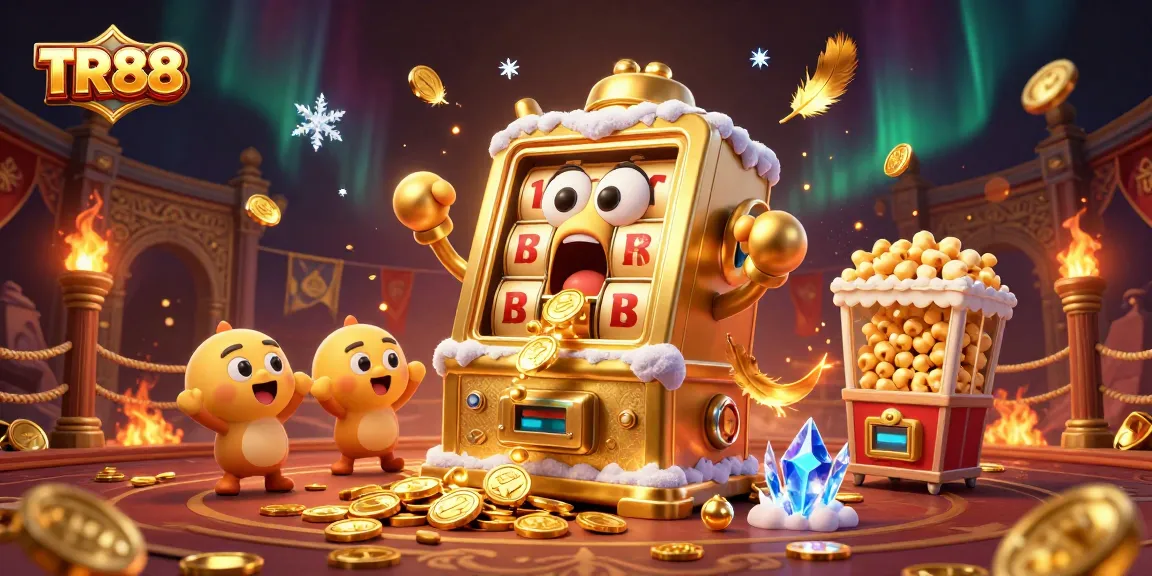 TR88 showcases a vibrant golden slot machine celebrating its jackpot win amidst dynamic casino elements.