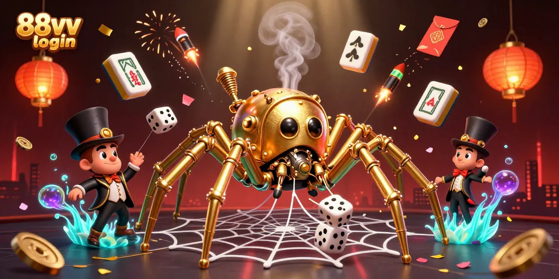 Engage with the vibrant 88vv login scene featuring a steampunk spider and lucky gaming elements.