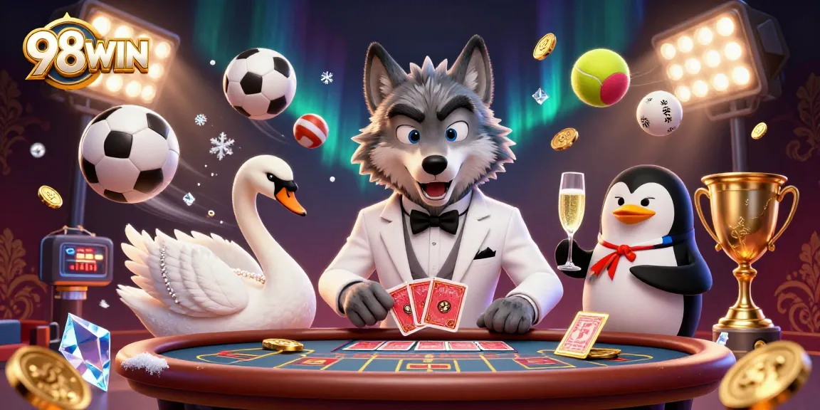 Experience the thrill at 98WIN with a 3D cartoon wolf, swan, and penguin in a dynamic casino scene.