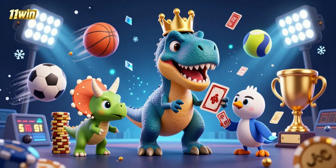 Engage in sports betting excitement with 11WIN as T-Rex shuffles cards while Pterodactyl assists.