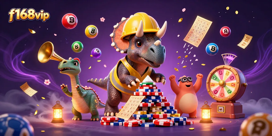 f168vip celebrates casino excitement with cheerful characters in a vibrant 3D illustration.