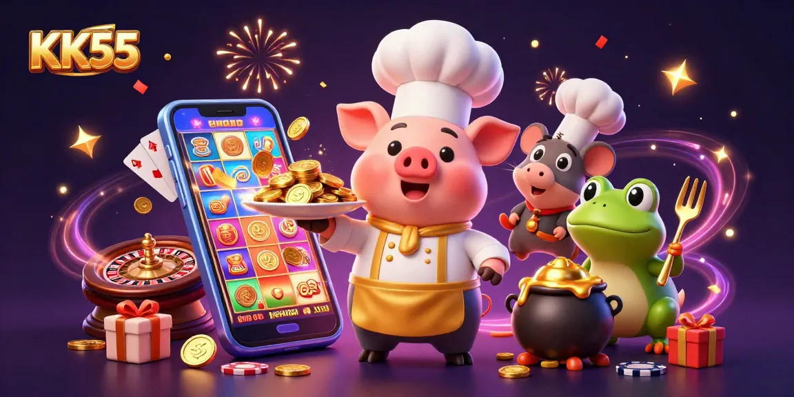 Play at KK55 with a vibrant 3D illustration featuring a chef pig serving gold coins amidst a casino game extravaganza.