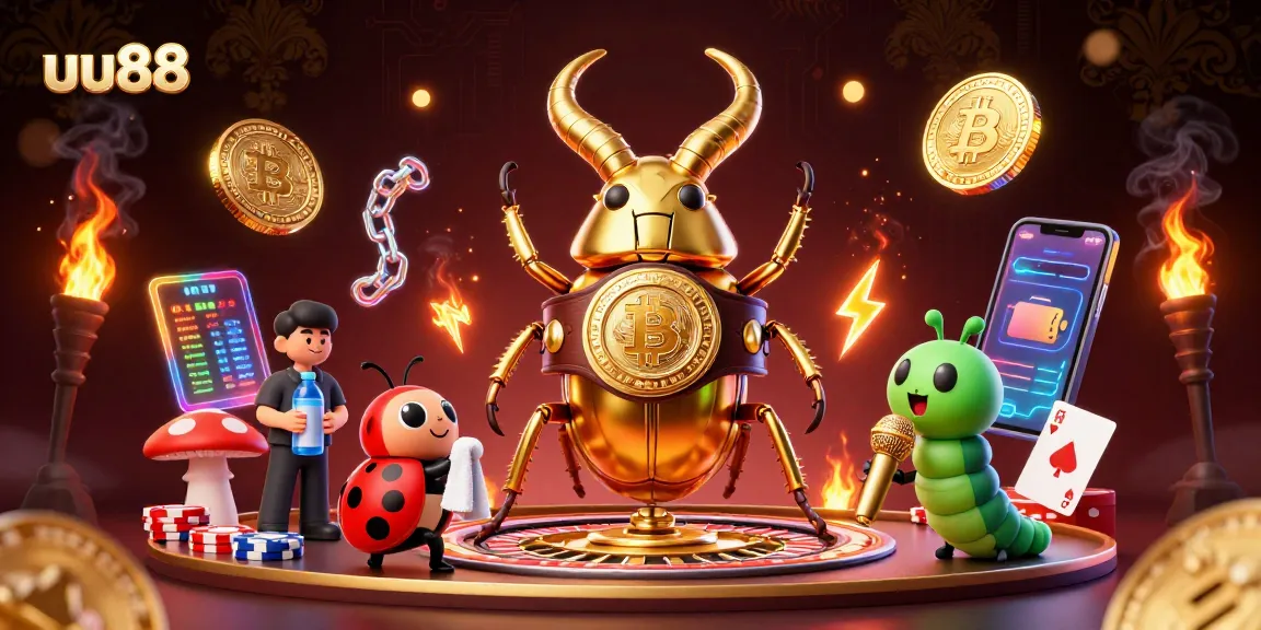uu88 showcases thrilling casino action with vibrant characters and cryptocurrency elements.