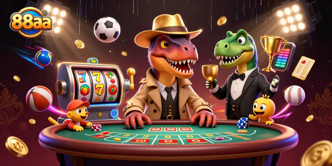 Experience thrilling gaming at 88aa with lively cartoon velociraptors at a blackjack table.