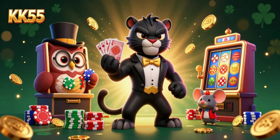 Experience thrilling gaming at KK55 with a stylish panther dealer, poker chips, and slot machines!