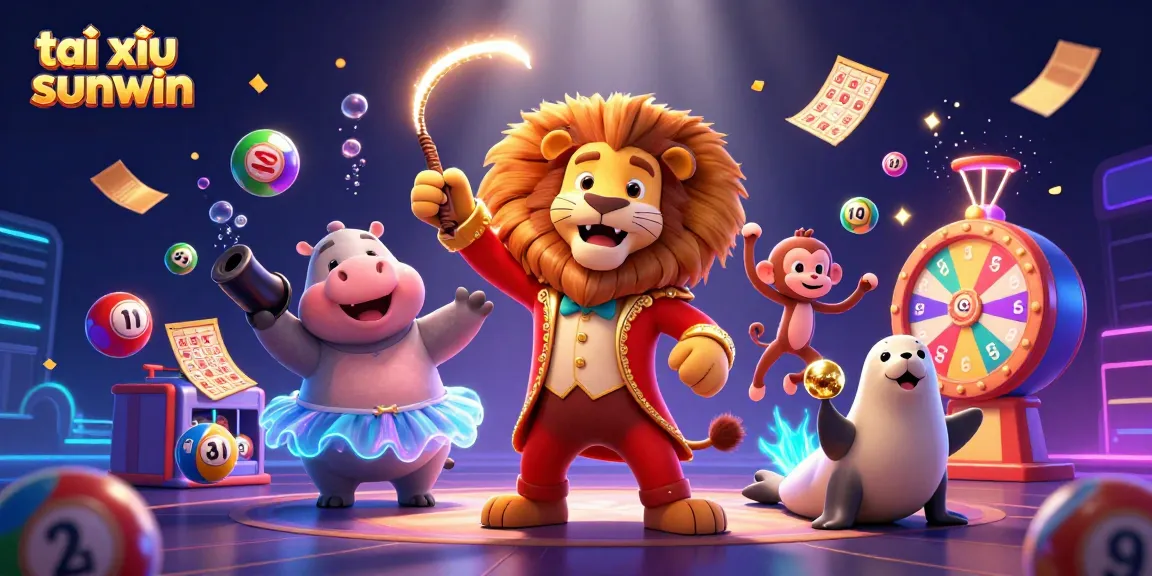 Tài xỉu sunwin illustration showcasing lively casino elements with animated characters and colorful lottery symbols.