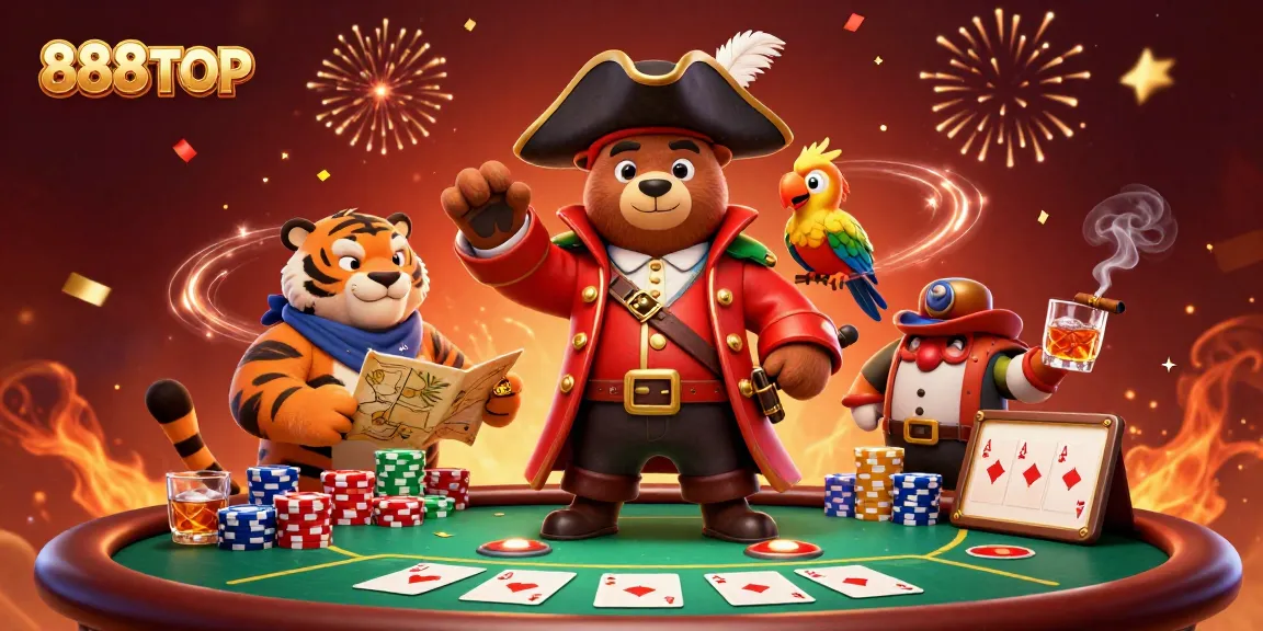 Engage with the excitement of 888TOP in a lively casino scene featuring poker and vibrant characters.