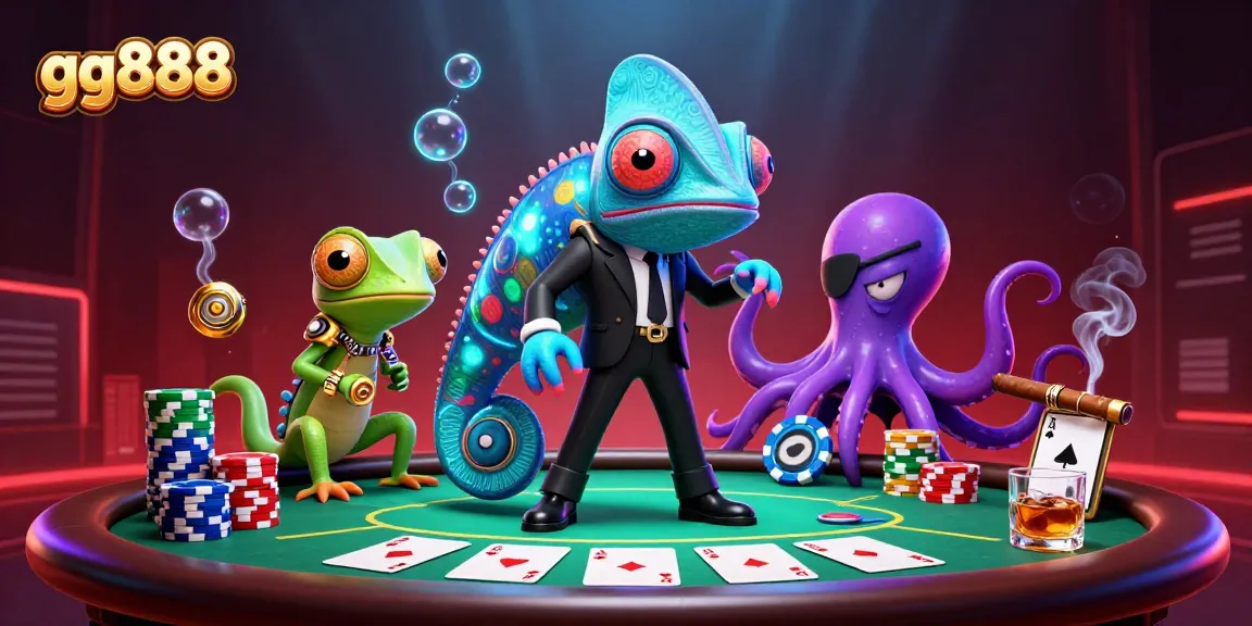 Experience thrilling poker action with gg888 featuring colorful chips, a dynamic chameleon, and an octopus dealer.