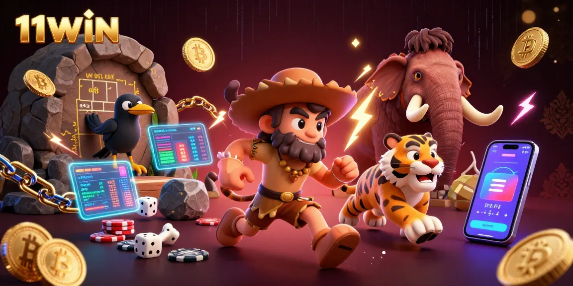 Engage in thrilling gameplay at 11WIN with a dynamic prehistoric casino scene featuring crypto symbols.