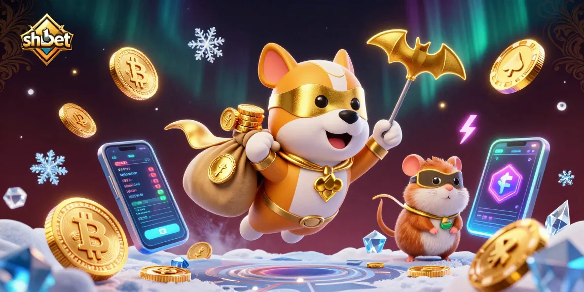 Experience thrilling gaming action with sh bet's superhero dog and hamster duo amidst glowing crypto elements.