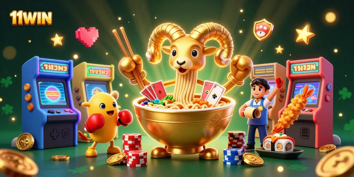 11WIN showcases a vibrant cartoon scene with a ramen bowl dealer amidst arcade elements.