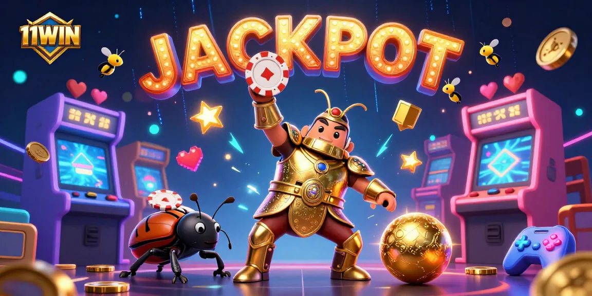 11WIN jackpot scene with cartoon beetles celebrating victory and casino elements.