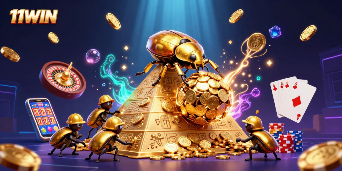11WIN showcases a vibrant scene with golden beetles and casino symbols amidst a dazzling array of gaming elements.