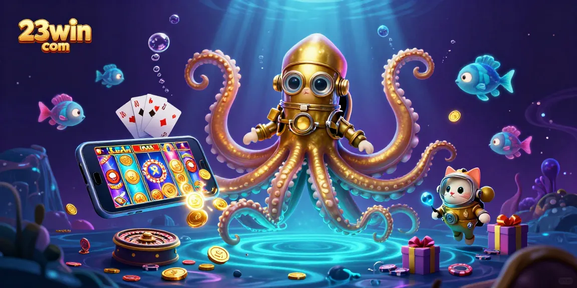 Experience thrilling wins with 23win com as the kraken and diving cat explore a vibrant casino world.
