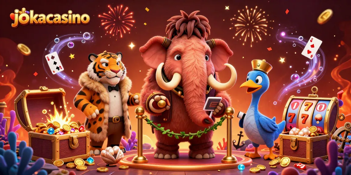 Experience the thrill of jokacasino with a vibrant carnival scene featuring a woolly mammoth, saber-tooth tiger, and dodo bird.
