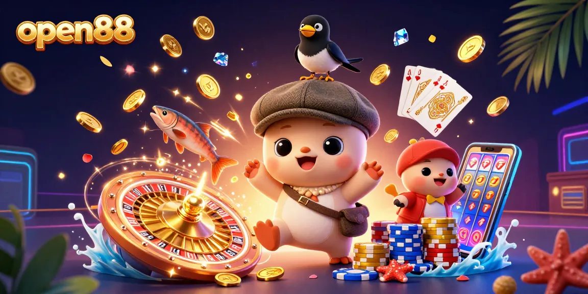Engage with open88's vibrant casino scene featuring Nessie and friends, rich with gaming elements.