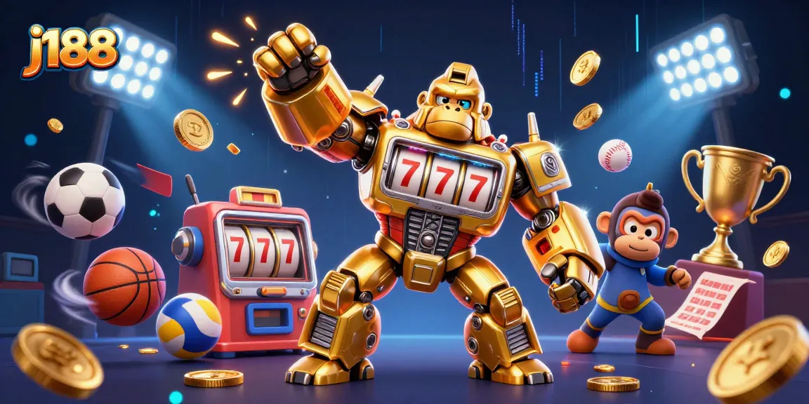 Experience thrilling gaming action with j188's vibrant 3D casino illustration featuring sports elements.