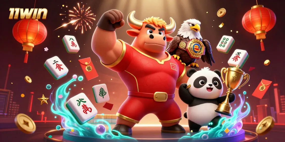 Experience thrilling wins at 11WIN with a victorious bull, eagle, and trophy in a vibrant casino scene.